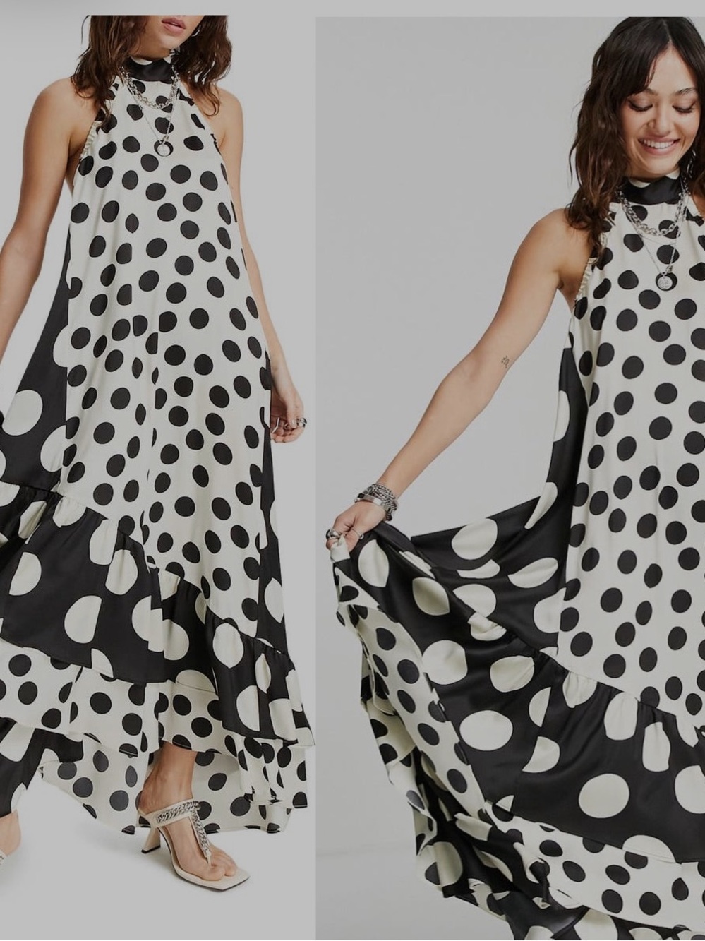 Topshop Black and White Polka Dot Halter Maxi Dress with Ruffle Hem